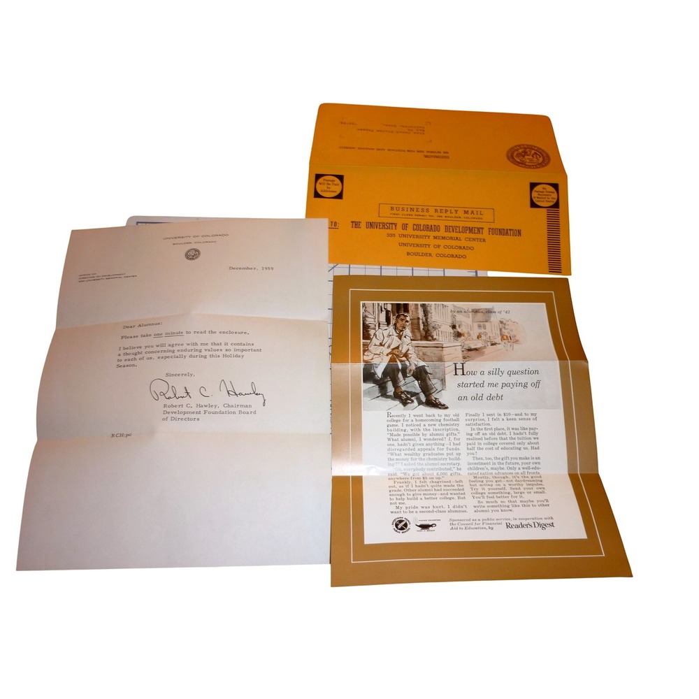 Vintage 1959 University of Colorado Boulder Alumni Letter Brochure & Envelope